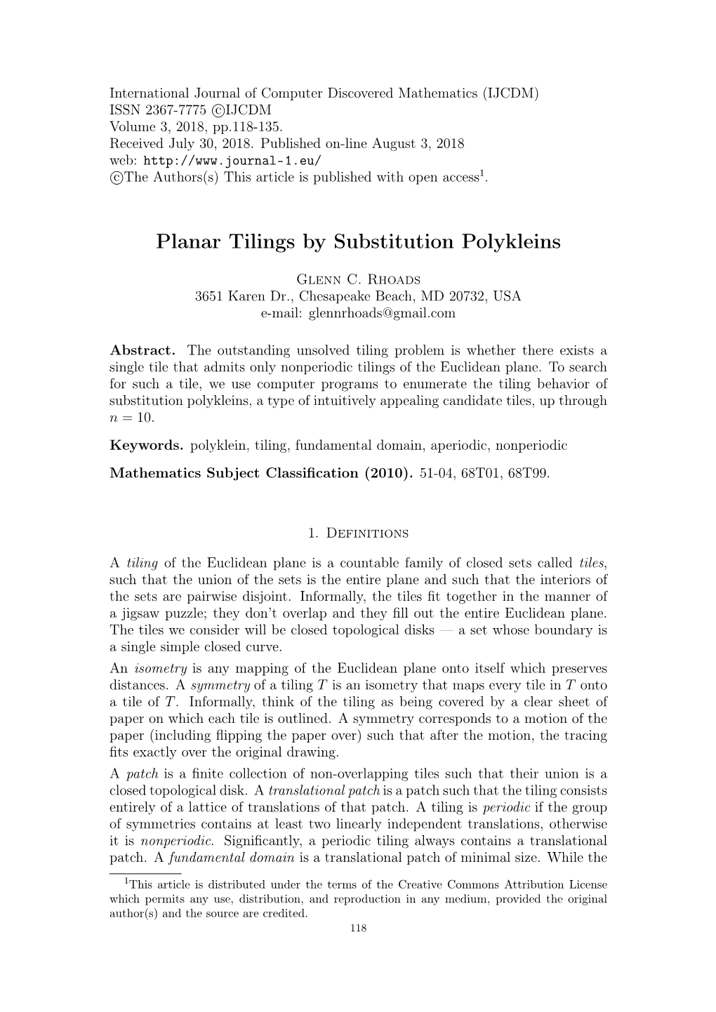 Glenn C. Rhoads, Planar Tilings by Substitution Polykleins, Pp.118-135