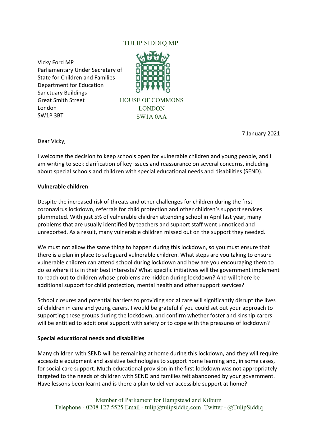 20210107 Letter to Vicky Ford on Vulnerable Children and SEND Copy