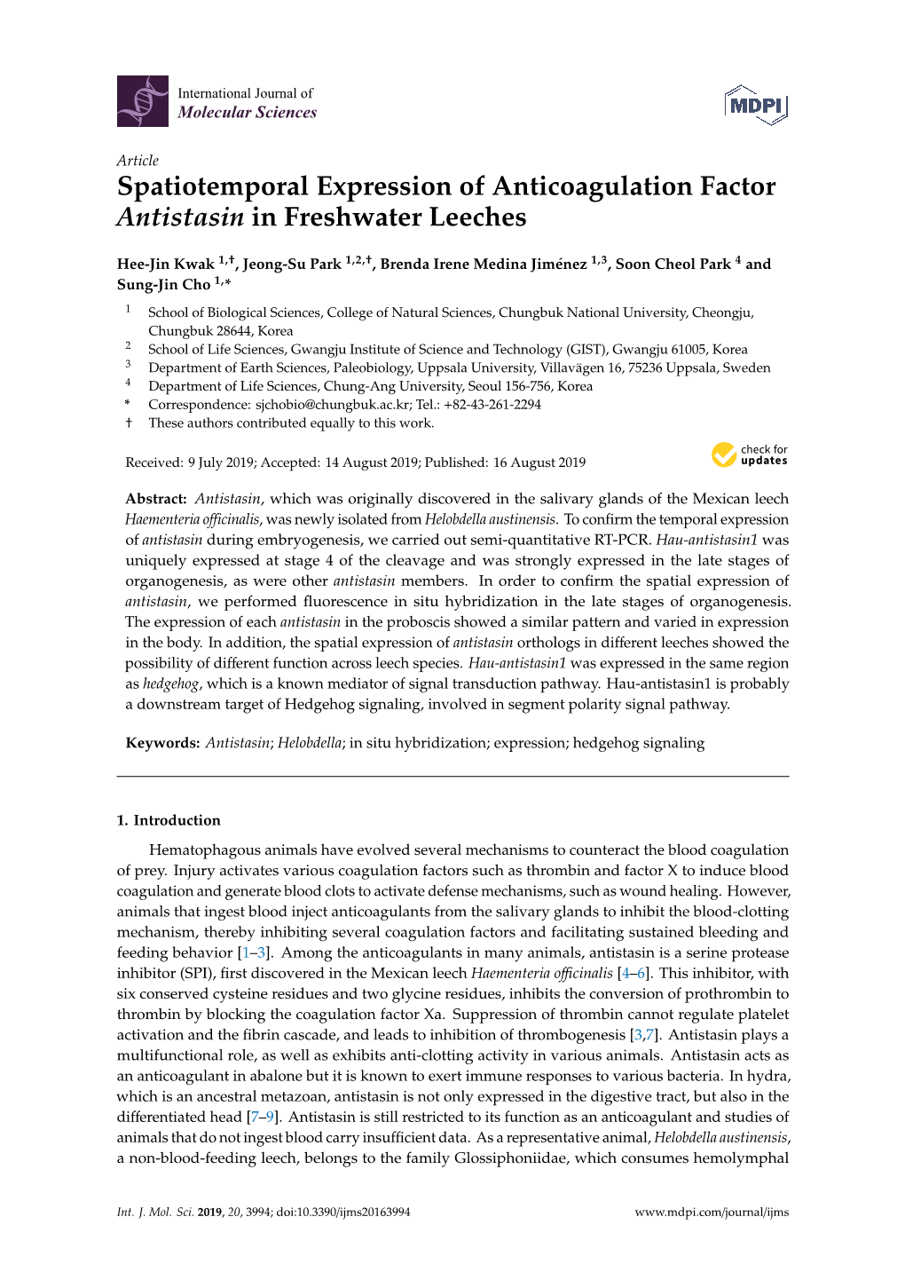 Spatiotemporal Expression of Anticoagulation Factor Antistasin in Freshwater Leeches