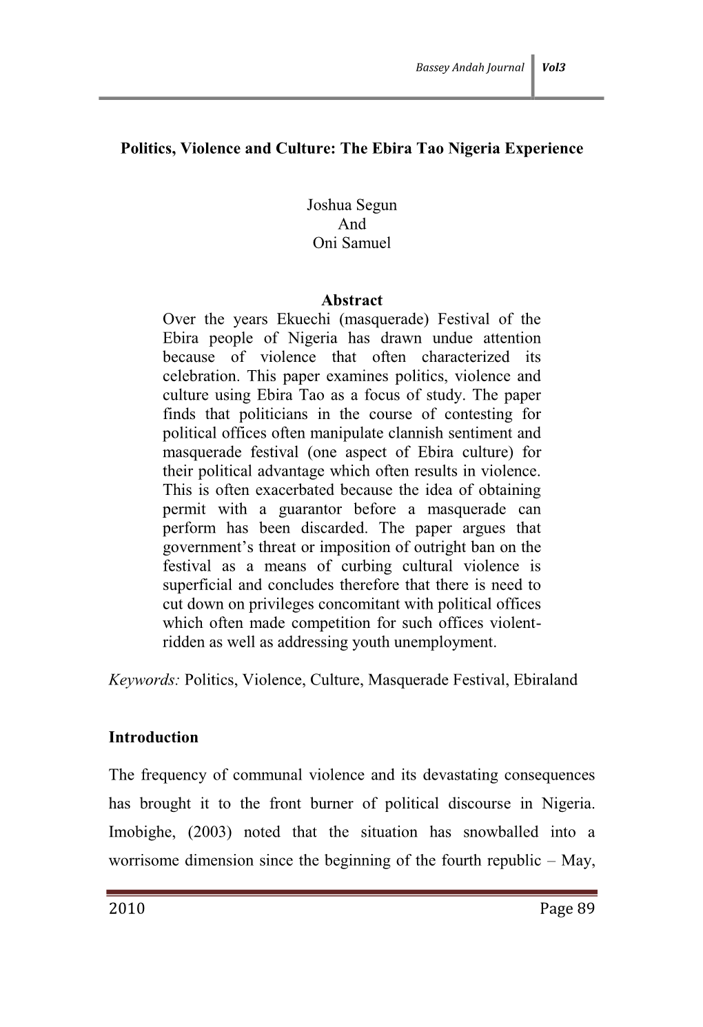 Politics, Violence and Culture: the Ebira Tao Nigeria Experience