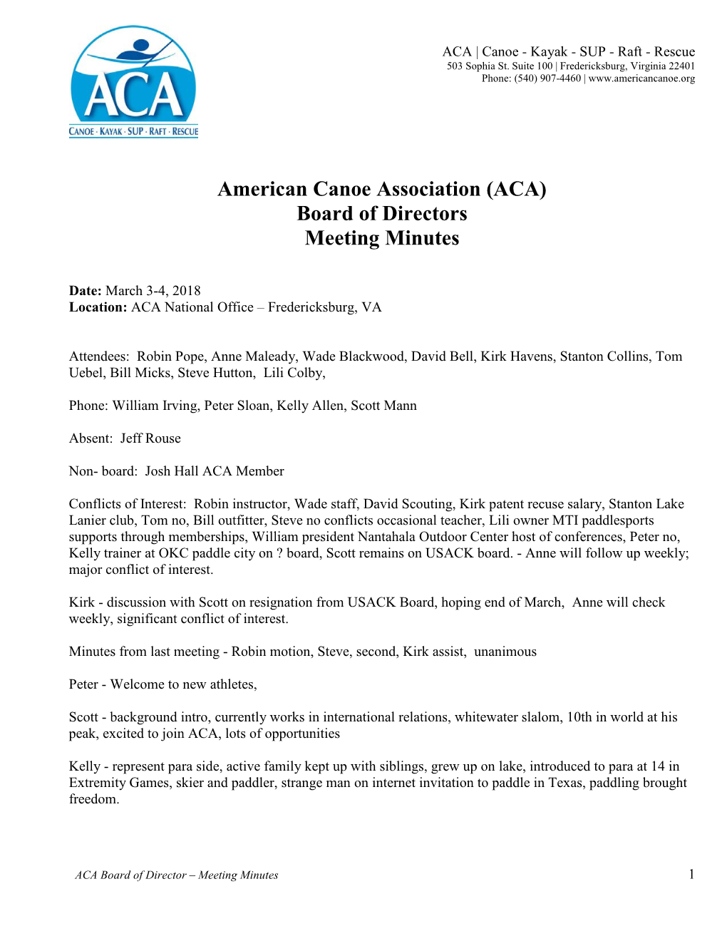 American Canoe Association (ACA) Board of Directors Meeting Minutes