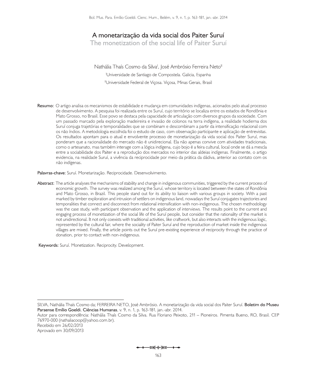 A Monetarização Da Vida Social Dos Paiter Suruí the Monetization of the Social Life of Paiter Suruí