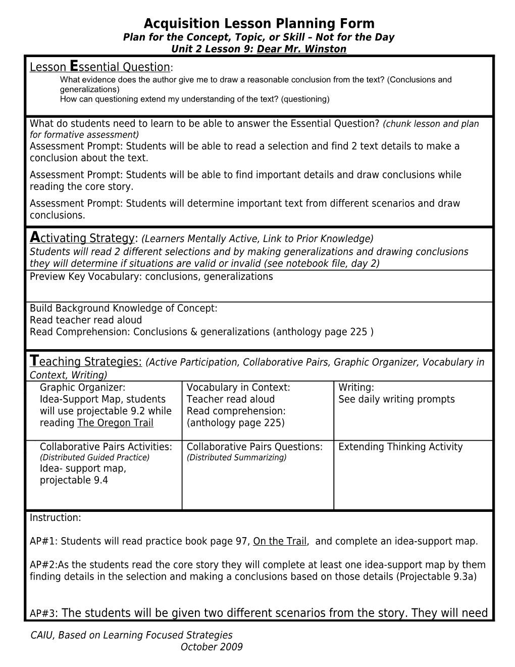 Acquisition Lesson Planning Form