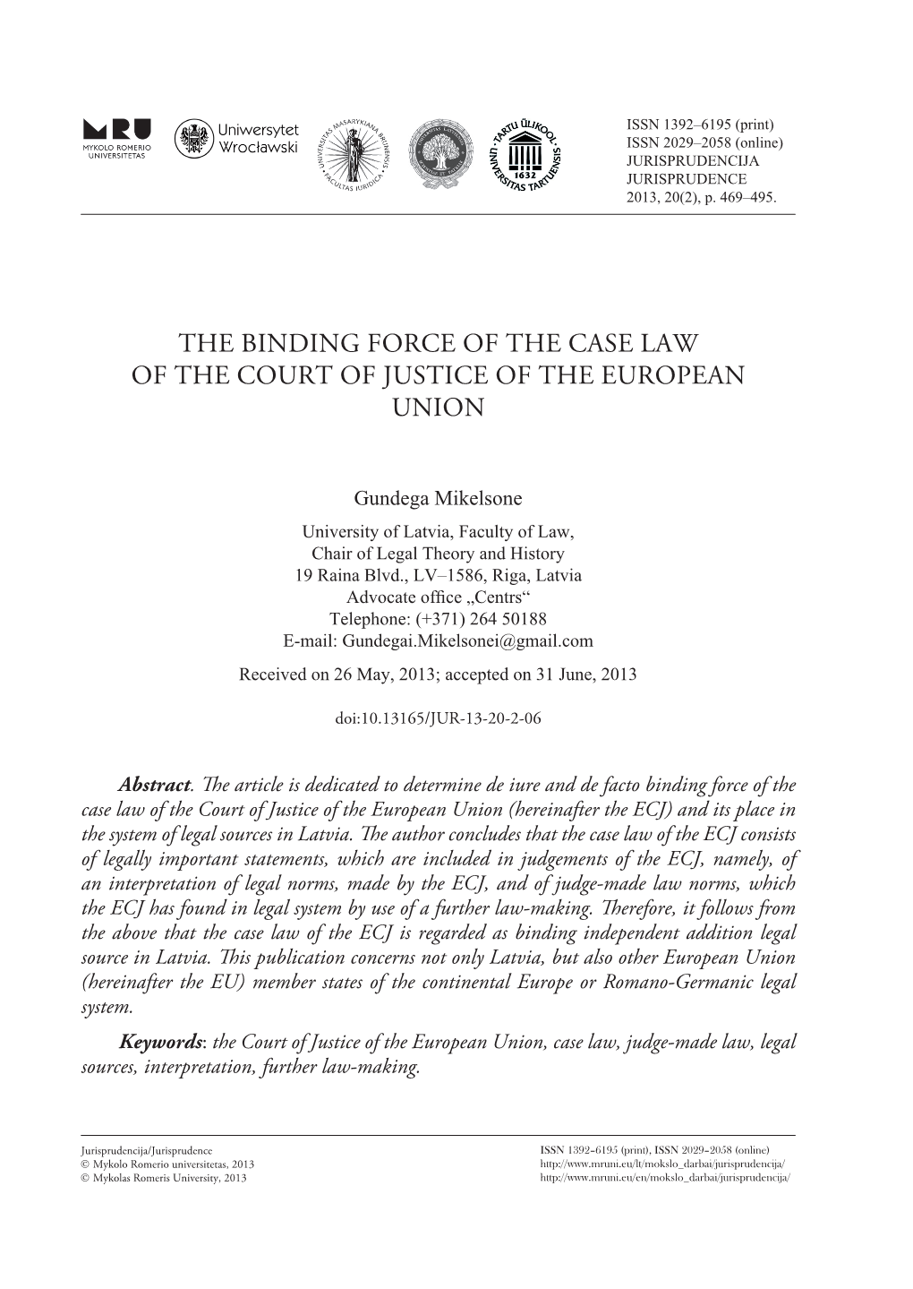 The Binding Force of the Case Law of the Court of Justice of the European Union