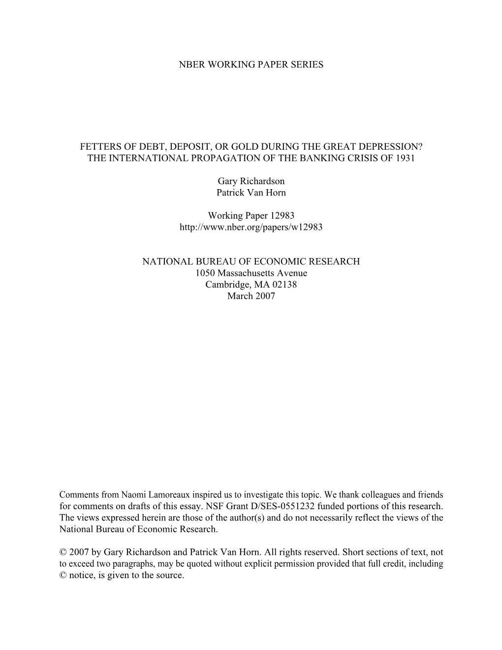 Fetters of Debt, Deposit, Or Gold During the Great Depression? the International Propagation of the Banking Crisis of 1931