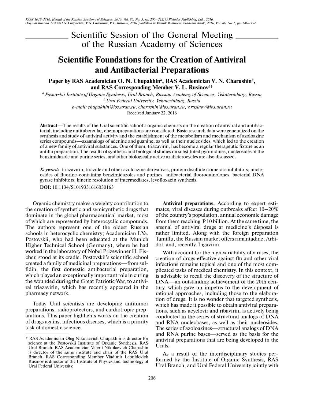 Scientific Foundations for the Creation of Antiviral and Antibacterial Preparations Paper by RAS Academician O