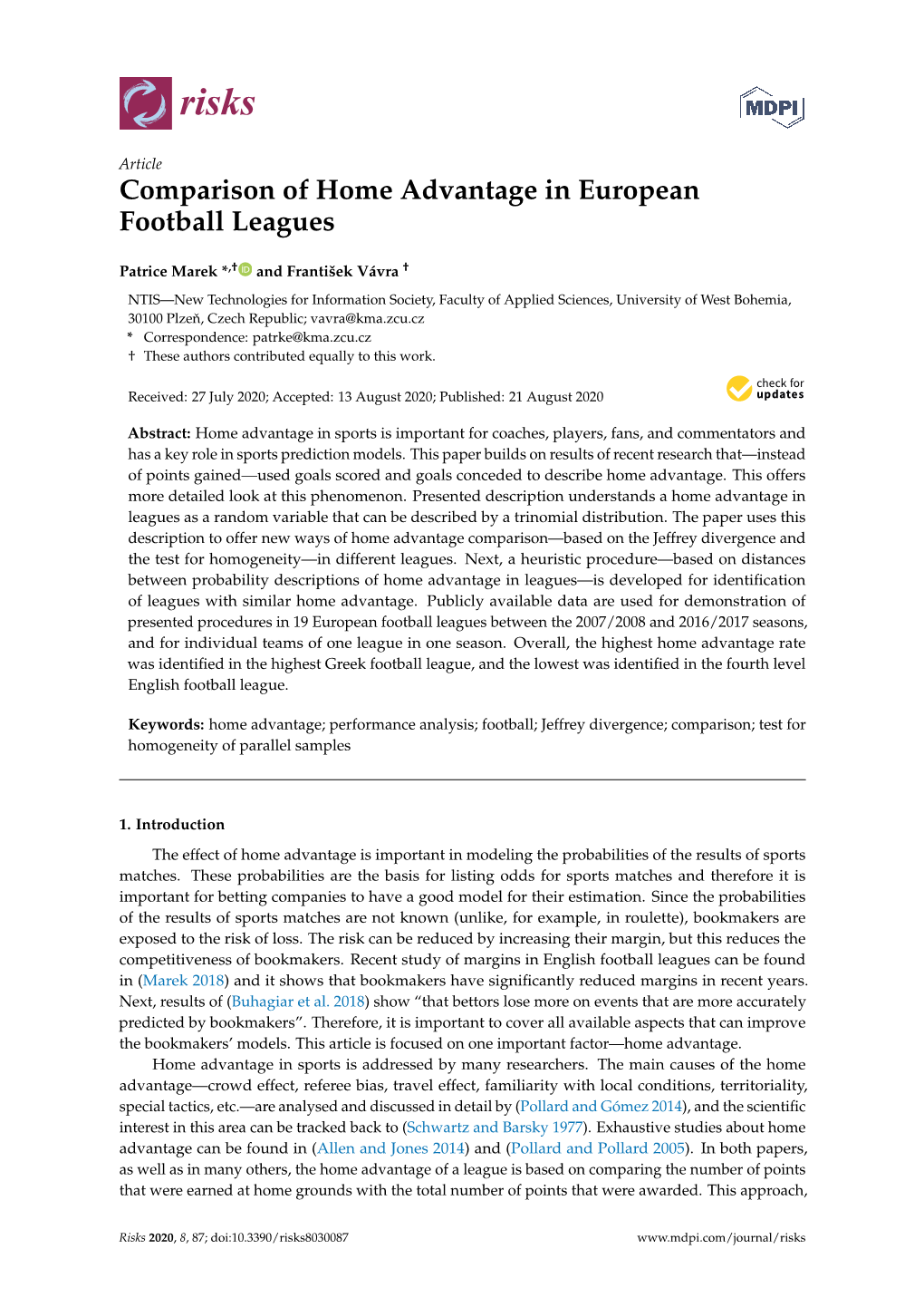 Comparison of Home Advantage in European Football Leagues