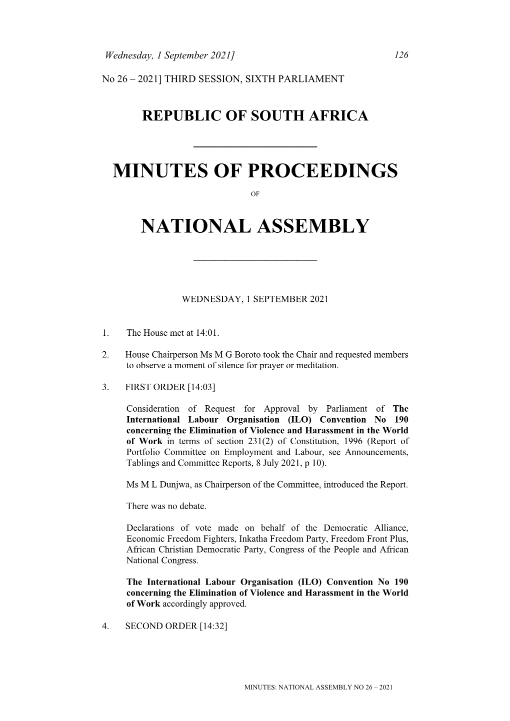 Minutes of Proceedings National Assembly