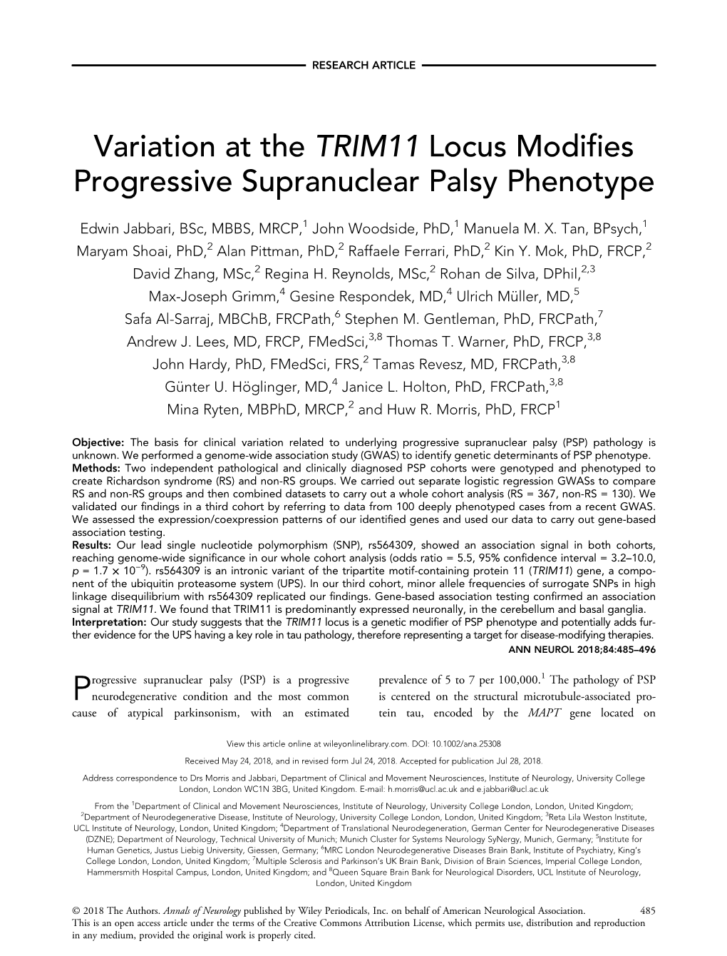 Variation at the TRIM11 Locus Modifies Progressive Supranuclear Palsy Phenotype