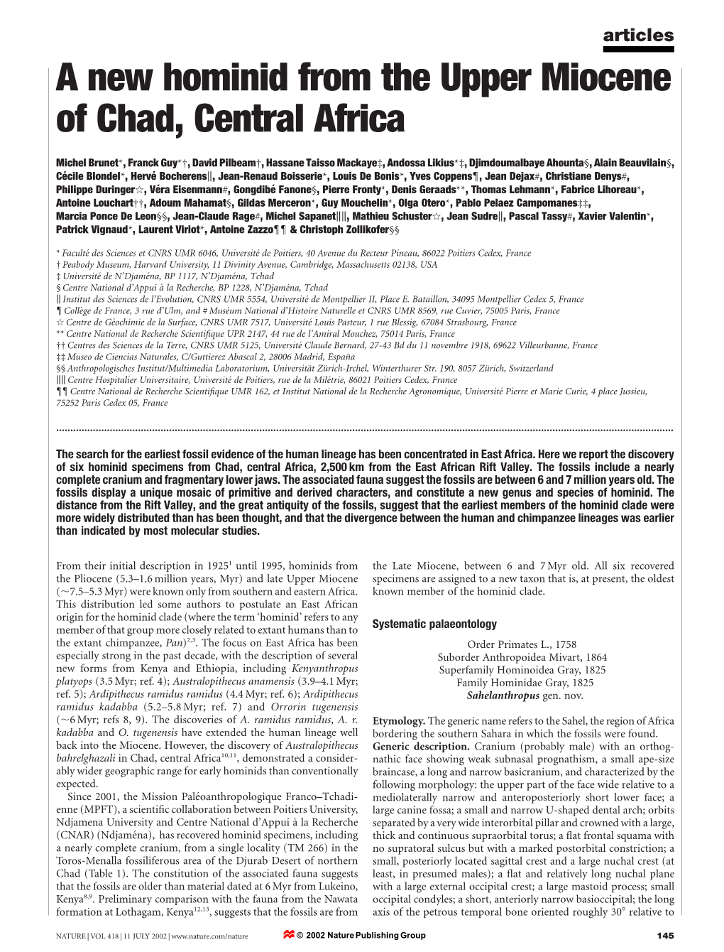 A New Hominid from the Upper Miocene of Chad, Central Africa