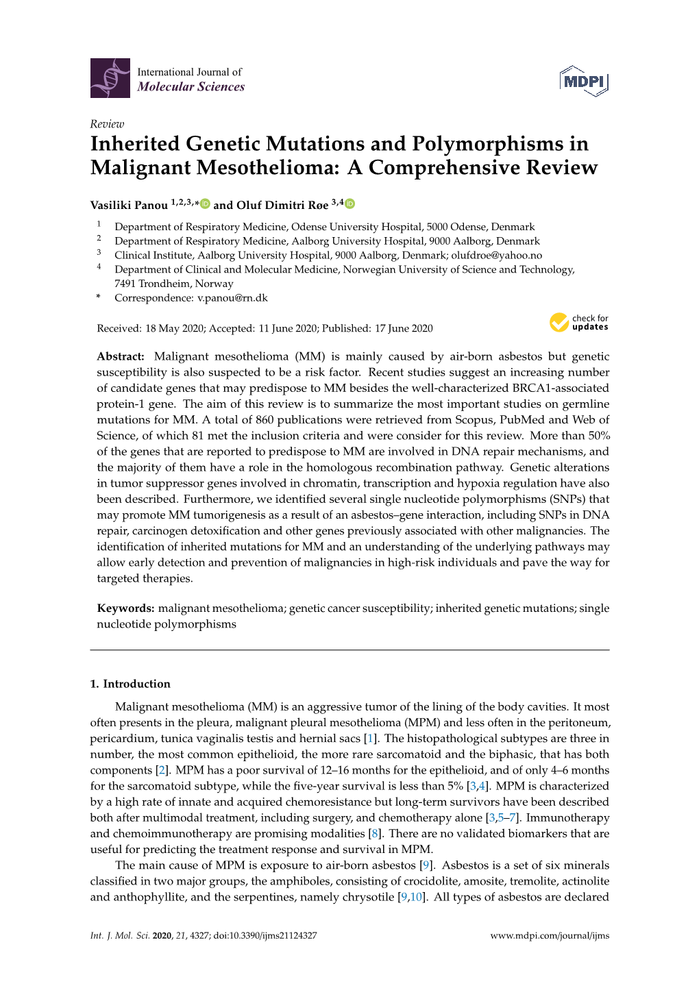 Inherited Genetic Mutations and Polymorphisms in Malignant Mesothelioma: a Comprehensive Review