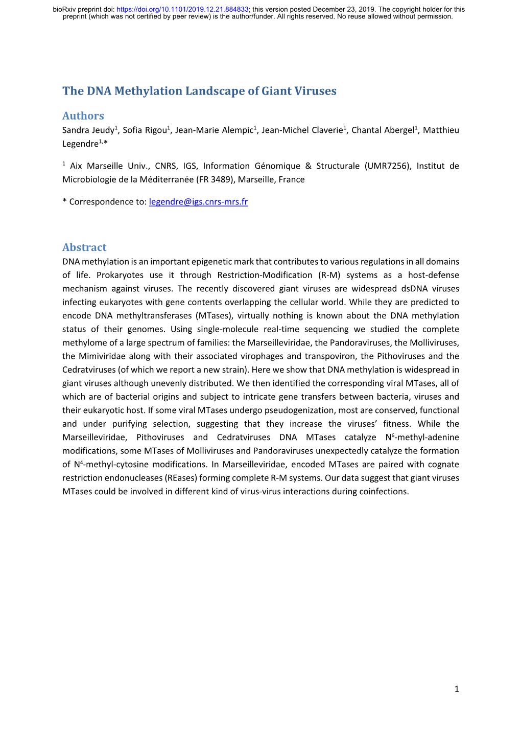 The DNA Methylation Landscape of Giant Viruses