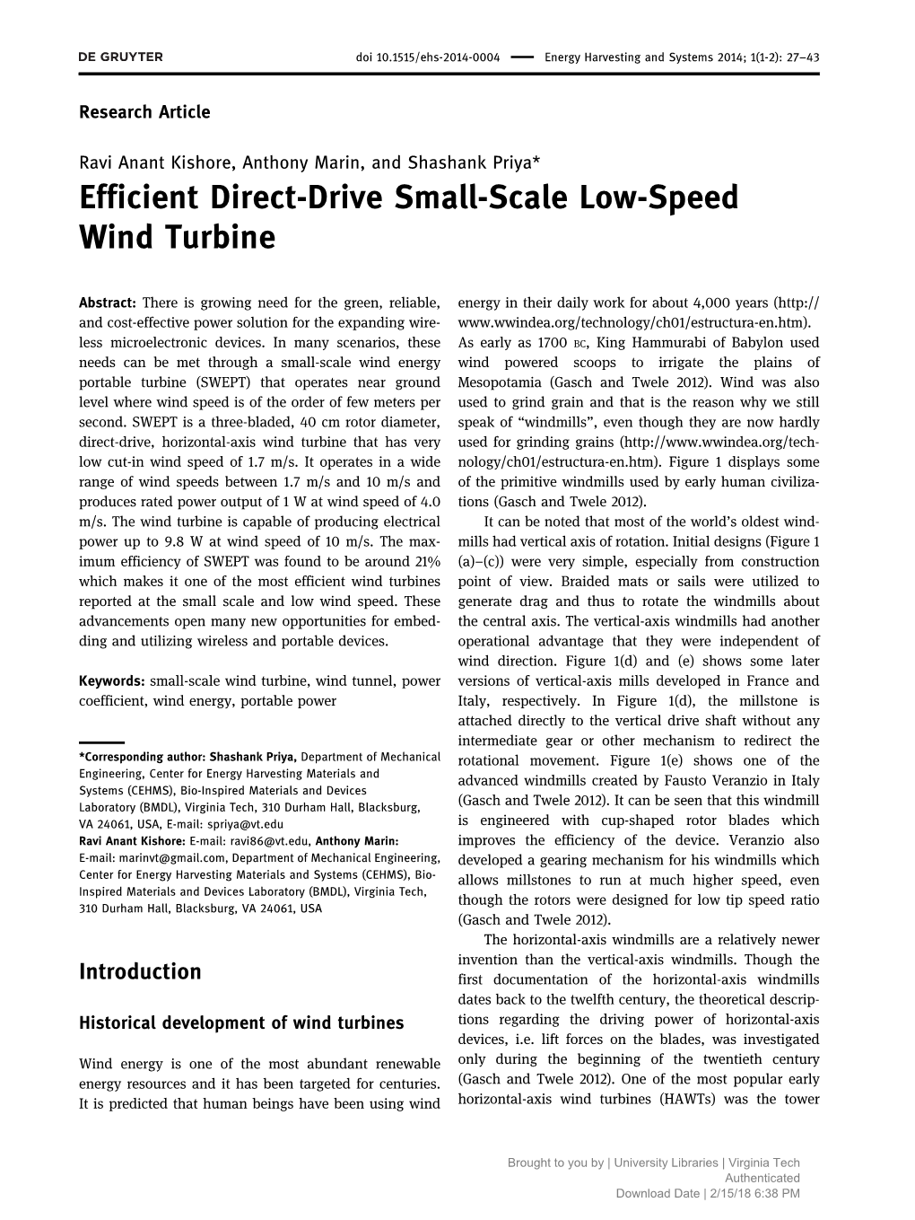 Efficient Direct-Drive Small-Scale Low-Speed Wind Turbine