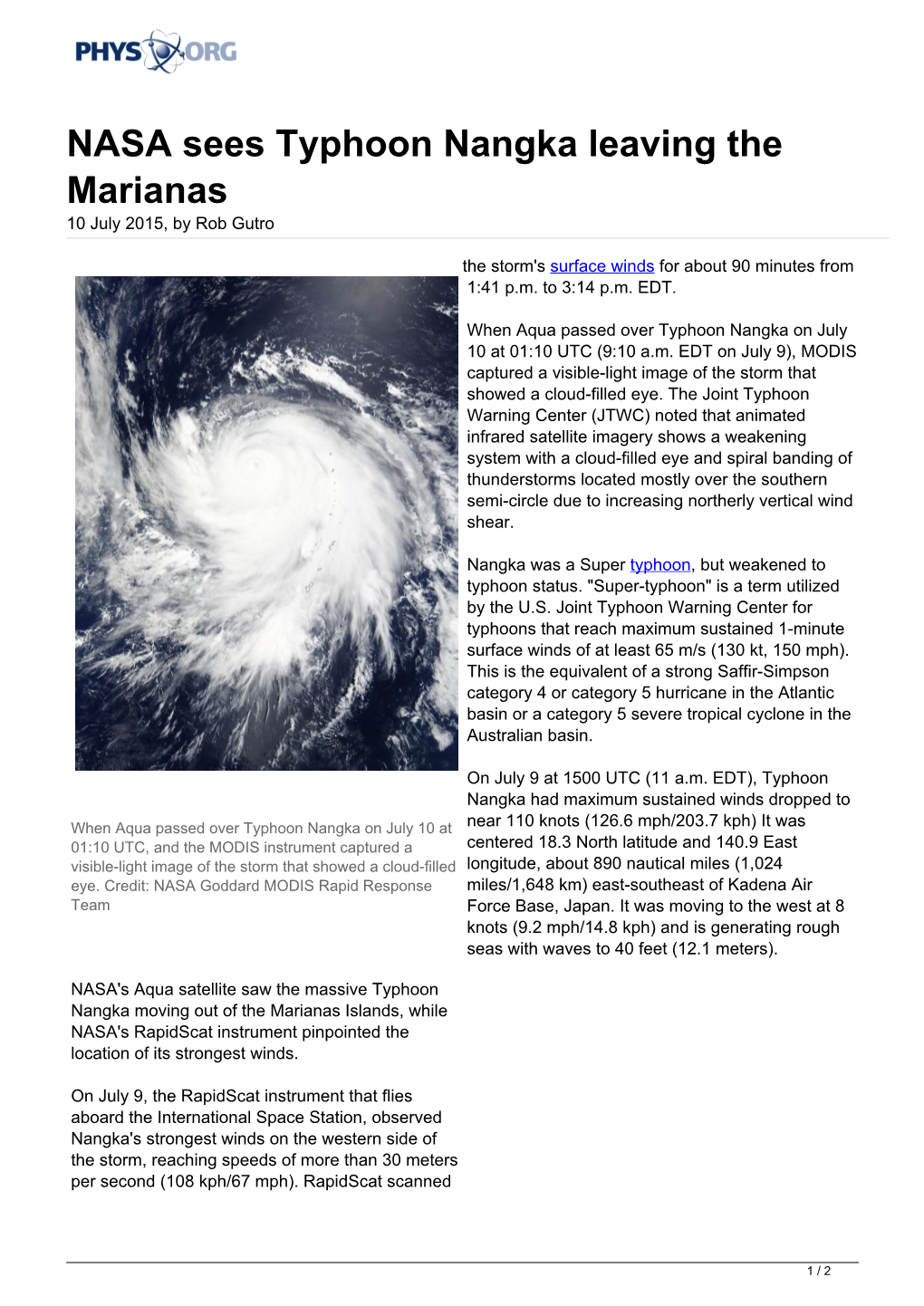 NASA Sees Typhoon Nangka Leaving the Marianas 10 July 2015, by Rob Gutro