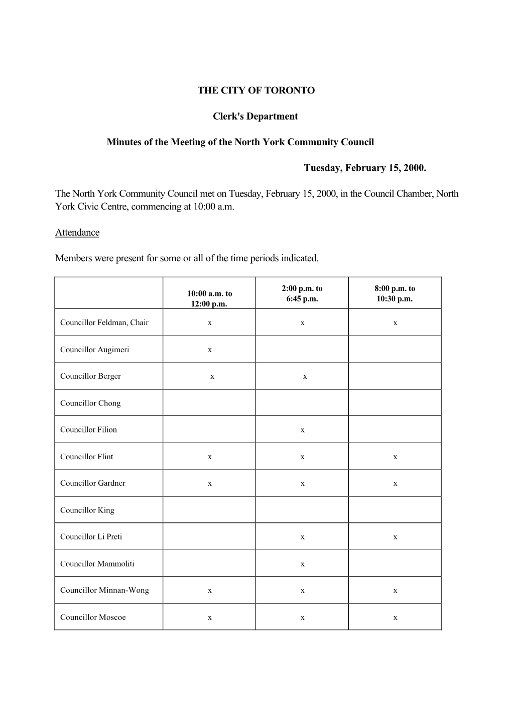 THE CITY of TORONTO Clerk's Department Minutes of the Meeting