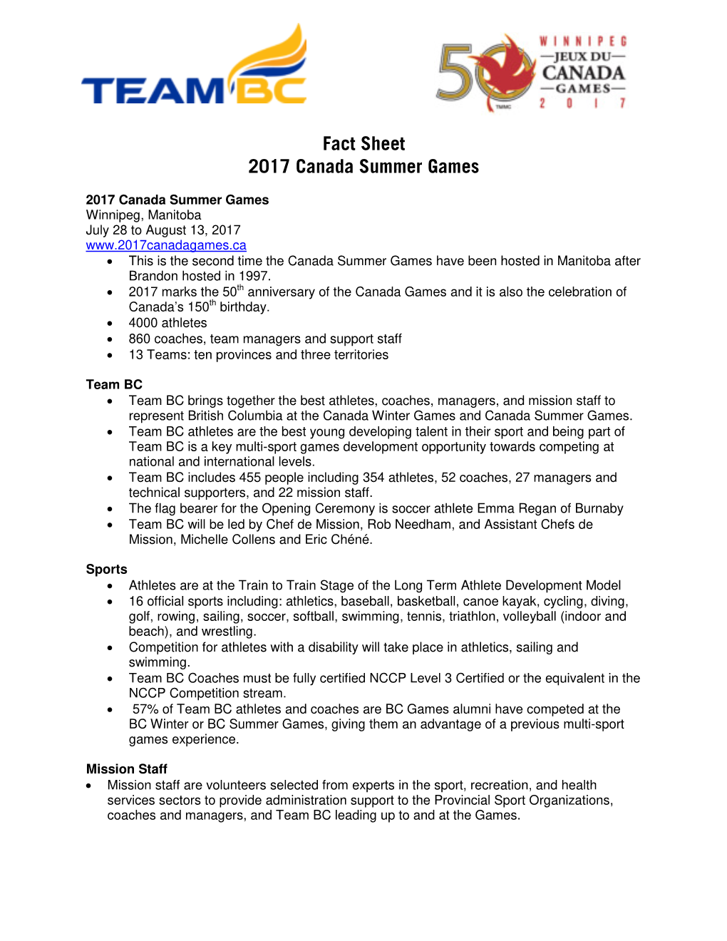 Fact Sheet 2017 Canada Summer Games