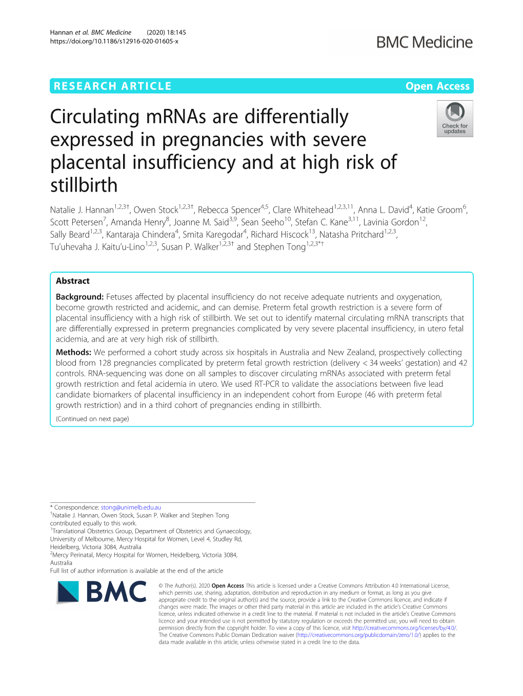 Circulating Mrnas Are Differentially Expressed in Pregnancies with Severe Placental Insufficiency and at High Risk of Stillbirth Natalie J