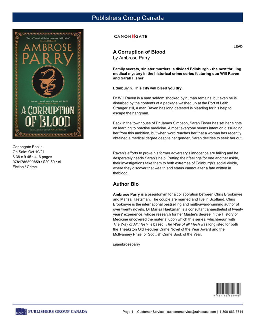 Canongate Books on Sale: Oct 19/21 Raven's Efforts to Prove His Former Adversary's Innocence Are Failing and He 6.38 X 9.45 • 416 Pages Desperately Needs Sarah's Help