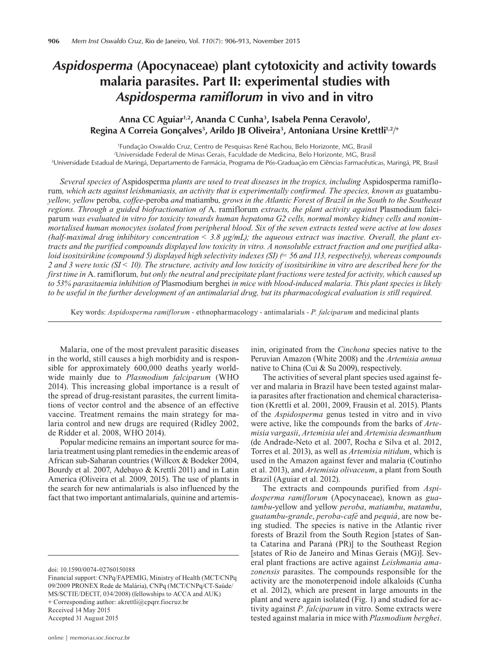 Aspidosperma (Apocynaceae) Plant Cytotoxicity and Activity Towards Malaria Parasites