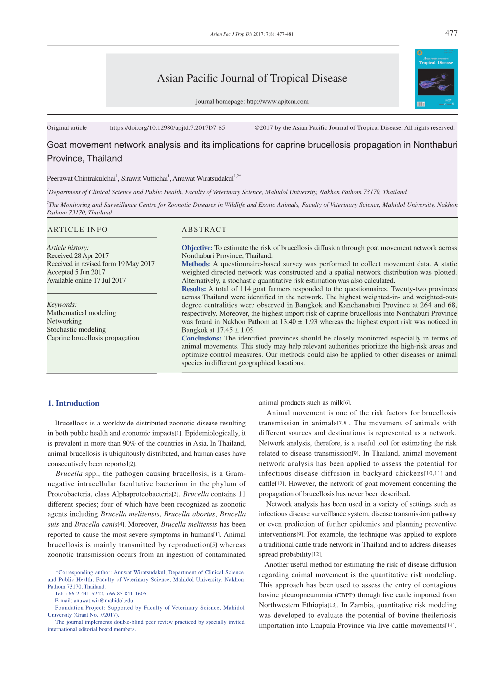 Goat Movement Network Analysis and Its Implications for Caprine Brucellosis Propagation in Nonthaburi Province, Thailand