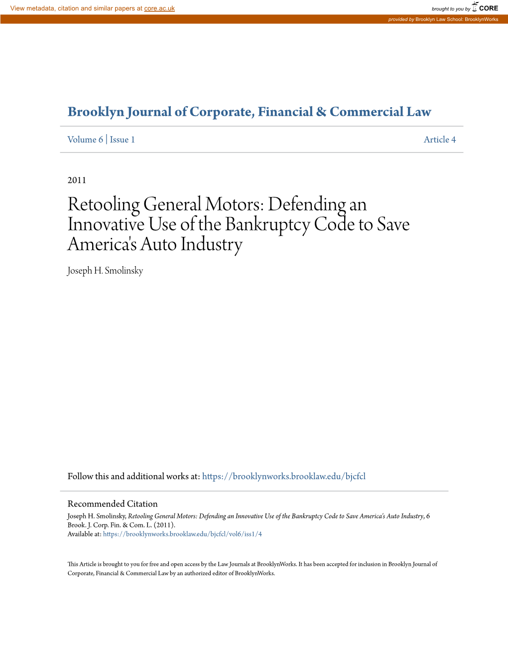Retooling General Motors: Defending an Innovative Use of the Bankruptcy Code to Save America's Auto Industry Joseph H