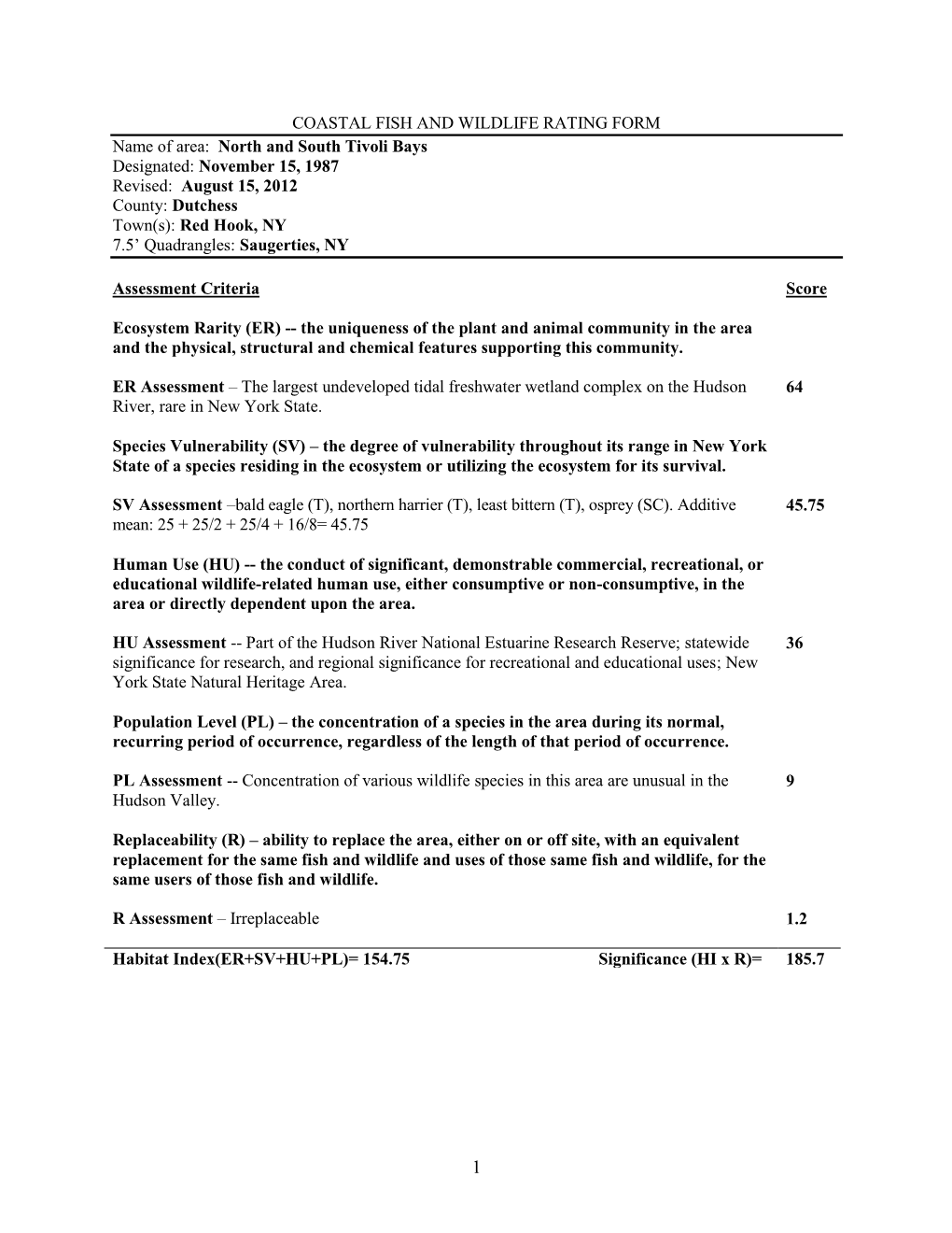 Coastal Fish and Wildlife Rating Form