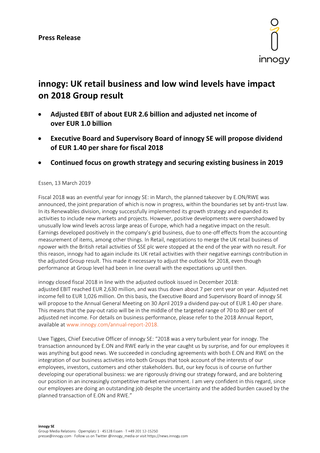 Innogy: UK Retail Business and Low Wind Levels Have Impact on 2018 Group Result