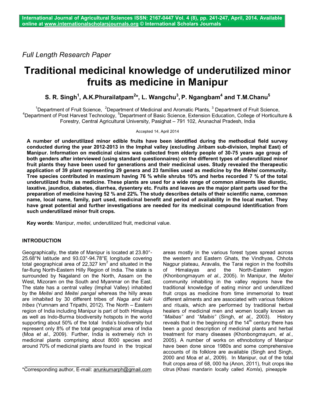 Traditional Medicinal Knowledge of Underutilized Minor Fruits As Medicine in Manipur