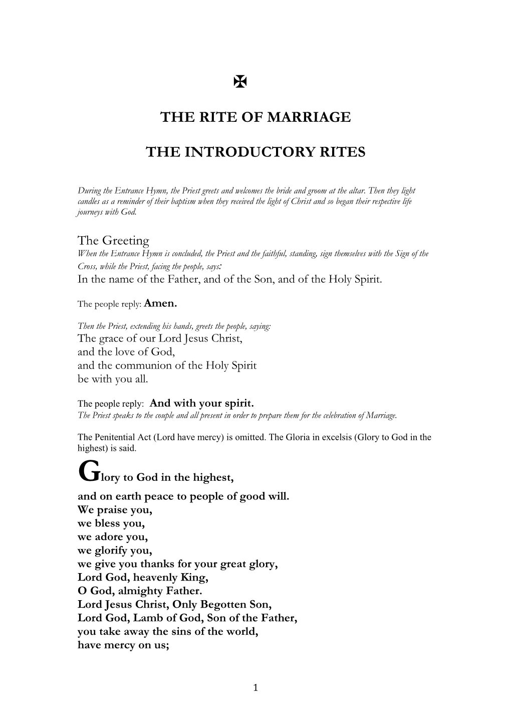 The Rite of Marriage the Introductory Rites