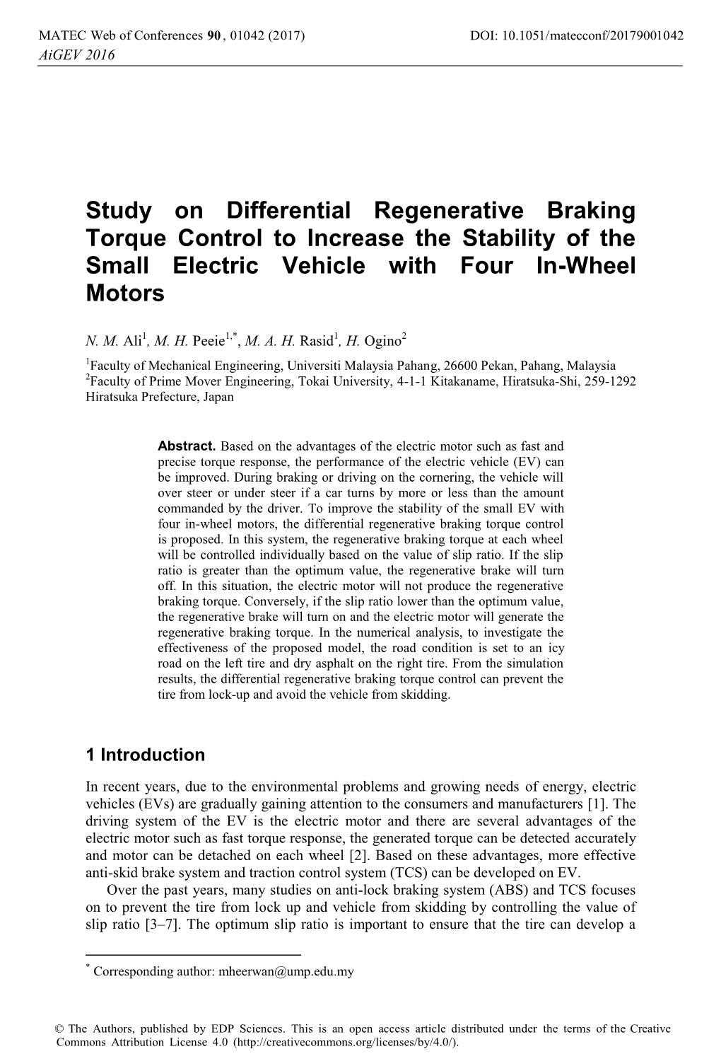 Study on Differential Regenerative Braking Torque Control to Increase the Stability of the Small Electric Vehicle with Four In-Wheel Motors