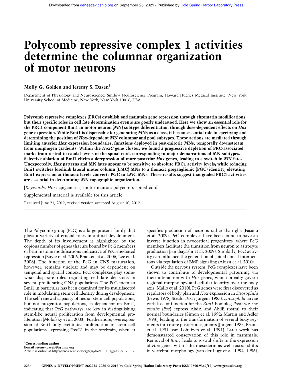 Polycomb Repressive Complex 1 Activities Determine the Columnar Organization of Motor Neurons