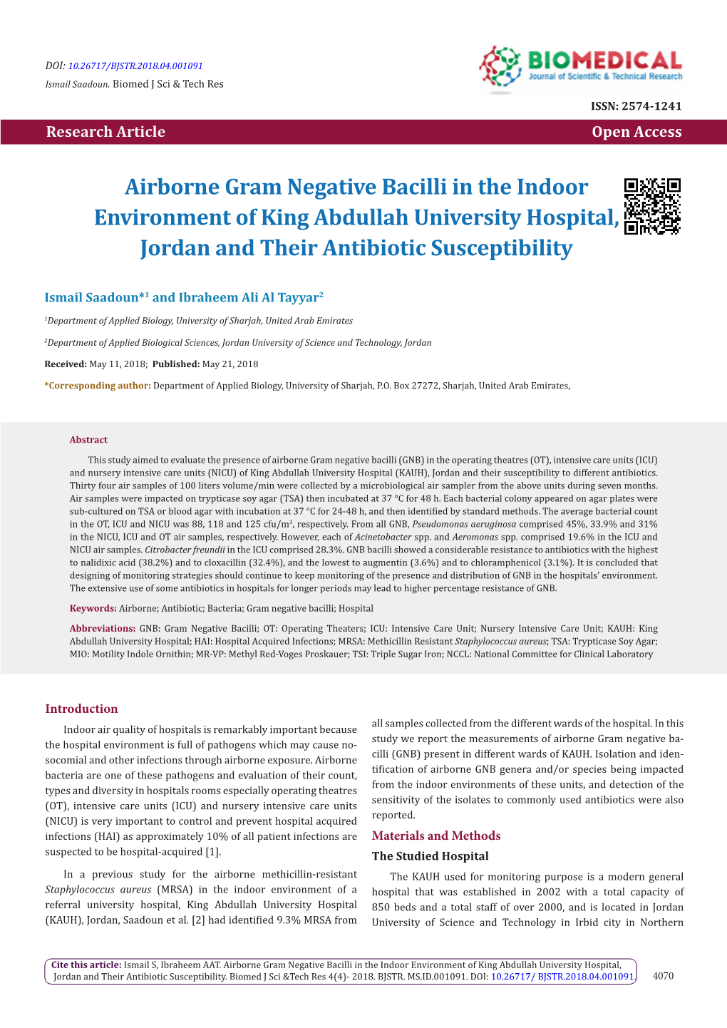 Airborne Gram Negative Bacilli in the Indoor Environment of King Abdullah University Hospital, Jordan and Their Antibiotic Susceptibility