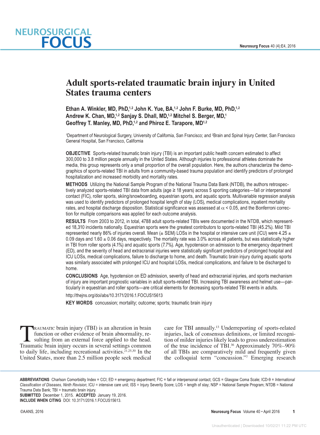 Adult Sports-Related Traumatic Brain Injury in United States Trauma Centers