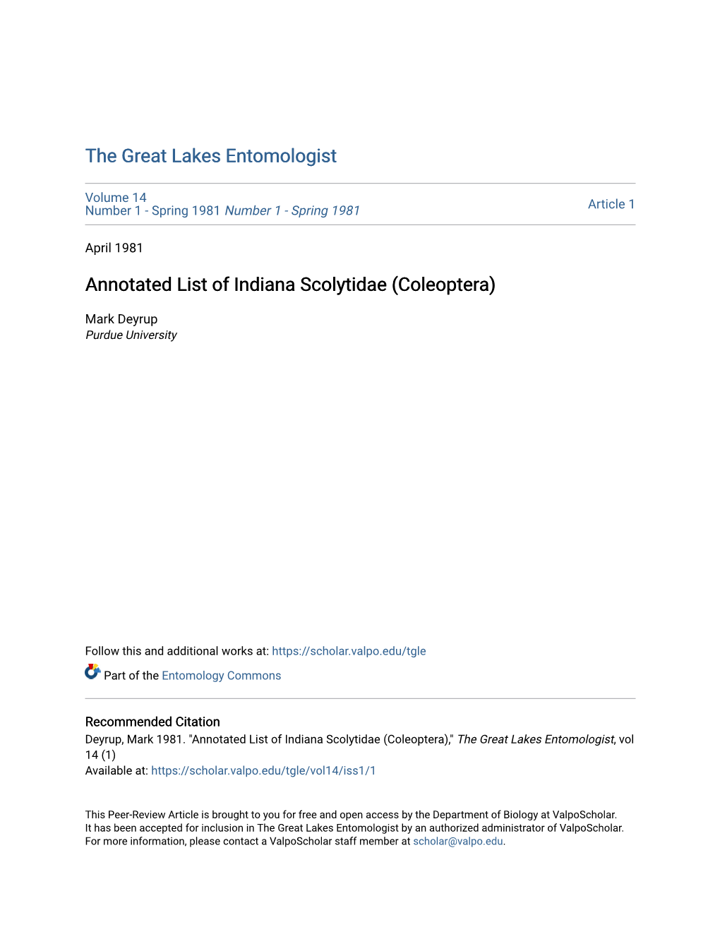 Annotated List of Indiana Scolytidae (Coleoptera)