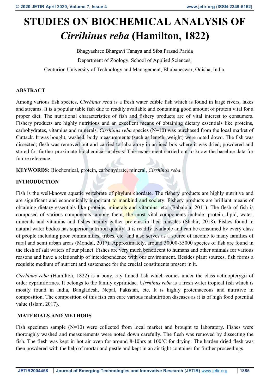 STUDIES on BIOCHEMICAL ANALYSIS of Cirrihinus Reba (Hamilton, 1822)