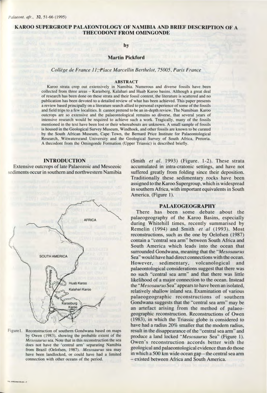 Karoo Supergroup Palaeontology of Namibia and Brief Description of a Thecodont from Omingonde