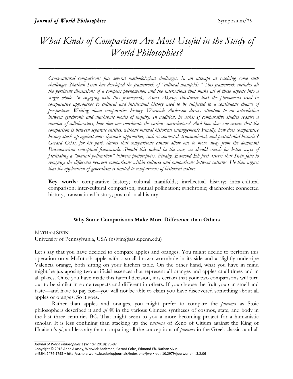 What Kinds of Comparison Are Most Useful in the Study of World Philosophies? ______Cross-Cultural Comparisons Face Several Methodological Challenges