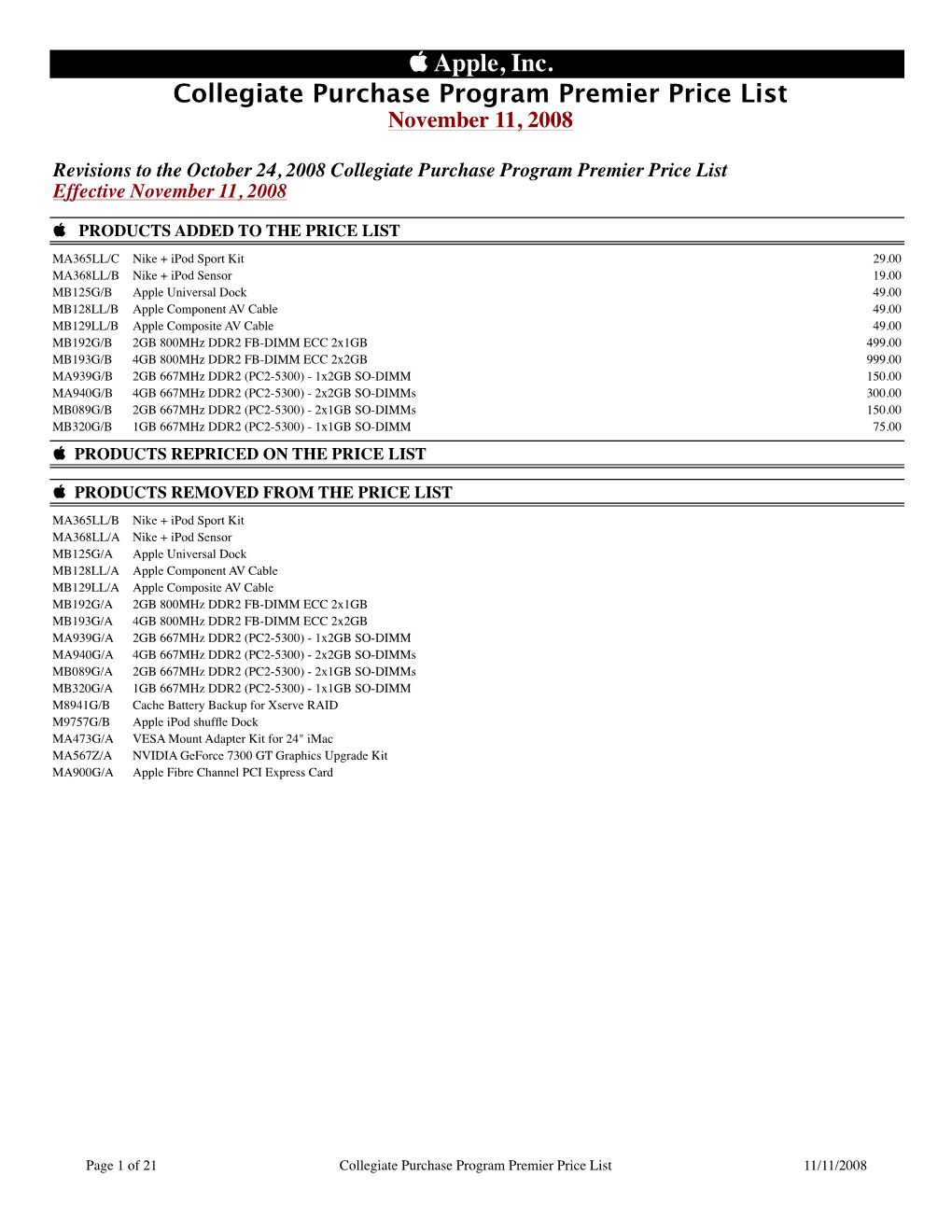 Apple, Inc. Collegiate Purchase Program Premier Price List November 11, 2008