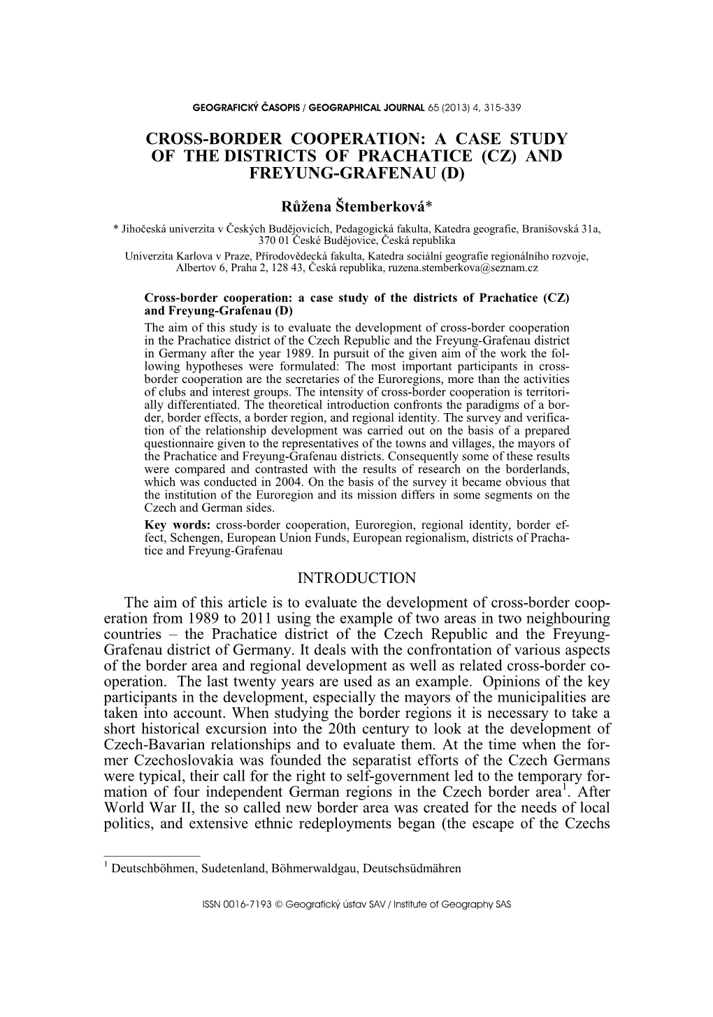 Cross-Border Cooperation: a Case Study of the Districts of Prachatice (Cz) and Freyung-Grafenau (D)