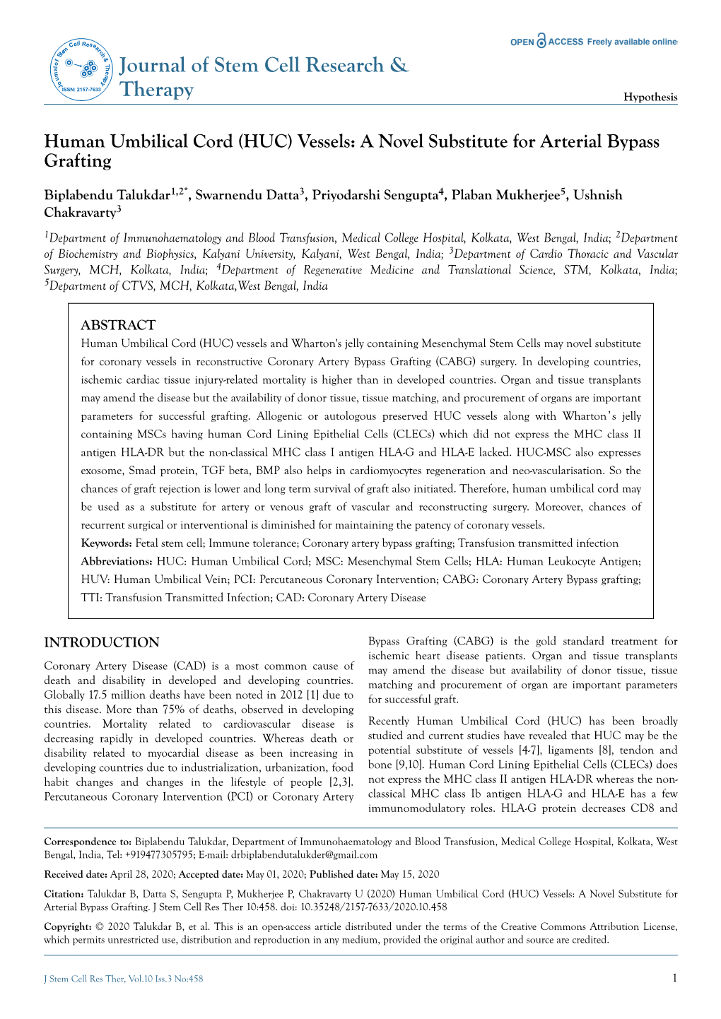 Human Umbilical Cord (HUC) Vessels: a Novel Substitute for Arterial Bypass Grafting