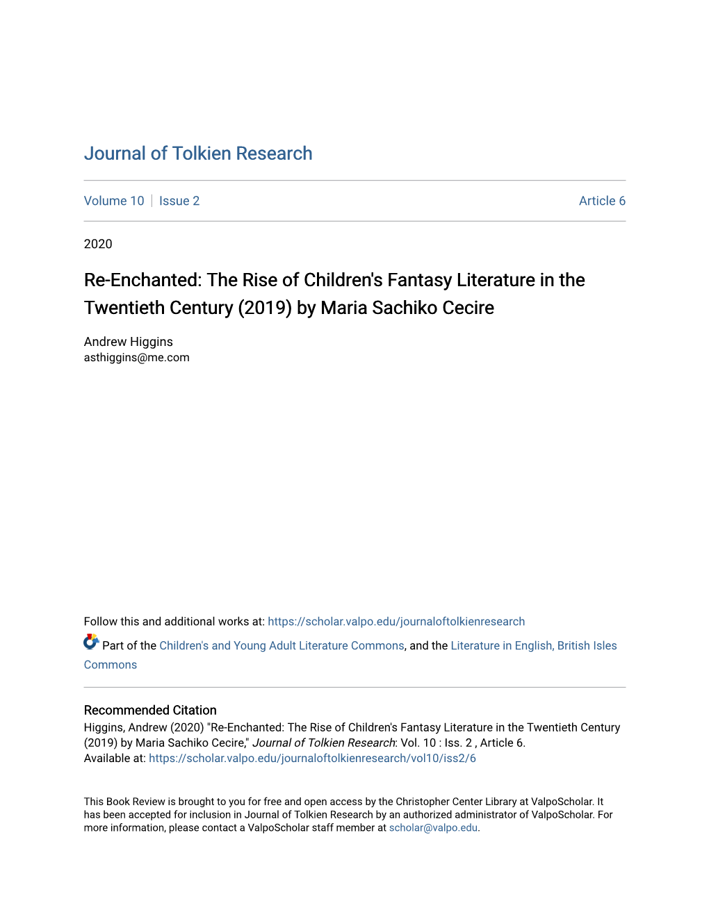 Re-Enchanted: the Rise of Children's Fantasy Literature in the Twentieth Century (2019) by Maria Sachiko Cecire