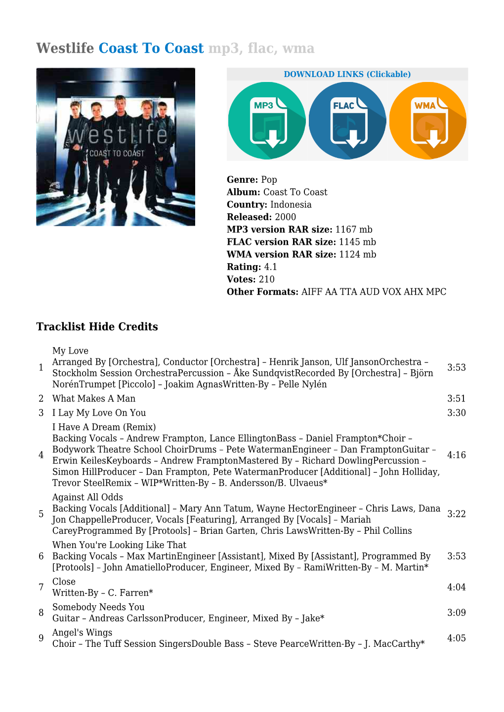 Westlife Coast to Coast Mp3, Flac, Wma