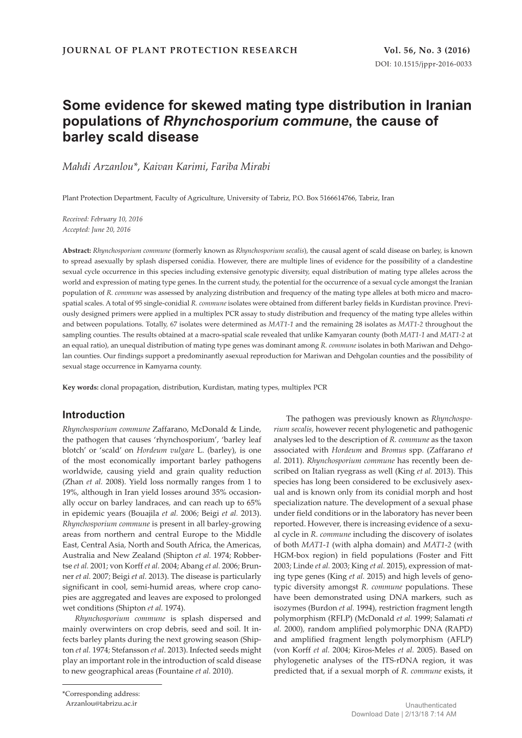 Some Evidence for Skewed Mating Type Distribution in Iranian Populations of Rhynchosporium Commune, the Cause of Barley Scald Disease