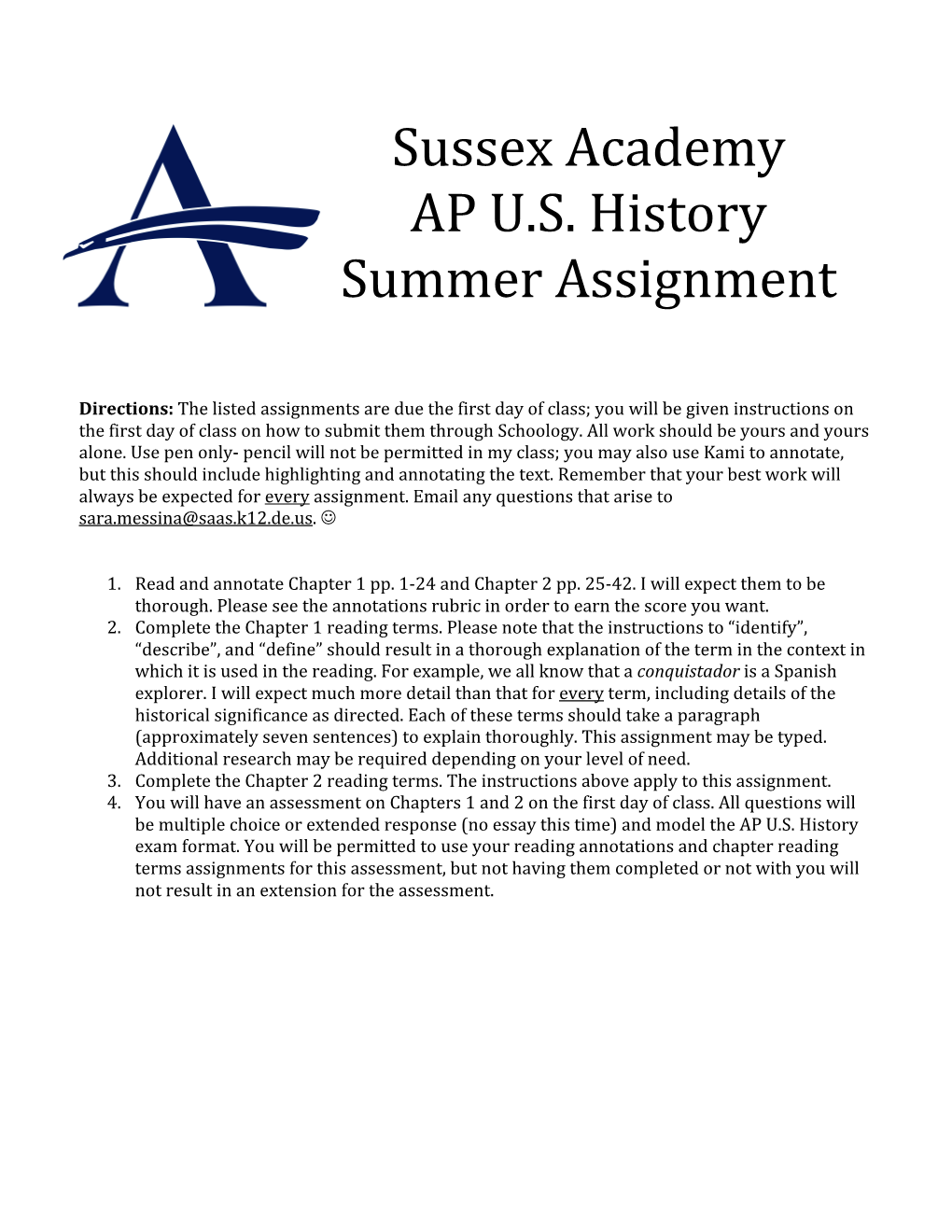Sussex Academy AP U.S. History Summer Assignment
