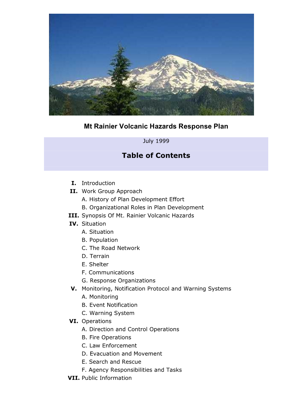 Mt Rainier Volcanic Hazards Response Plan Table of Contents