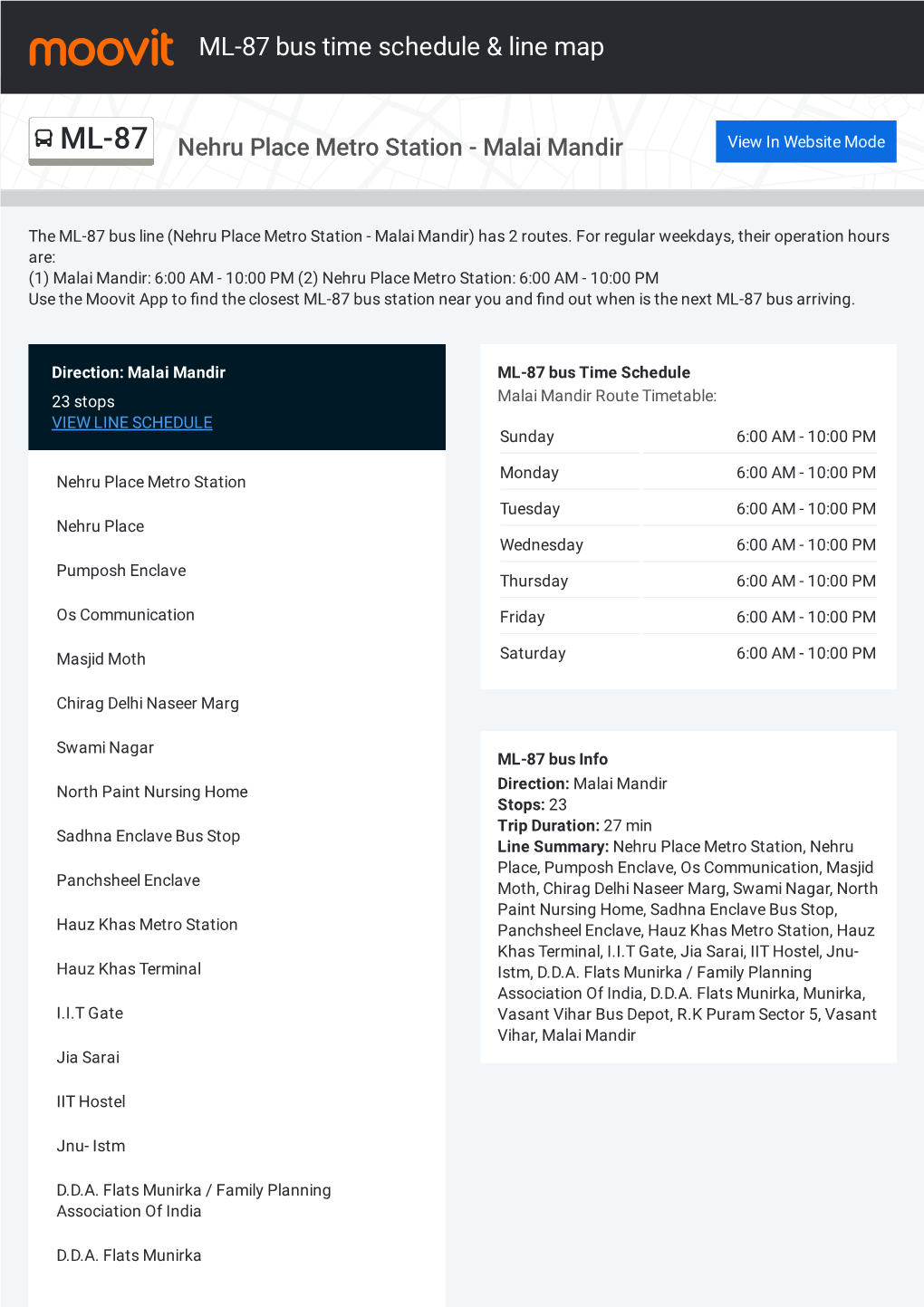 ML-87 Bus Time Schedule & Line Route