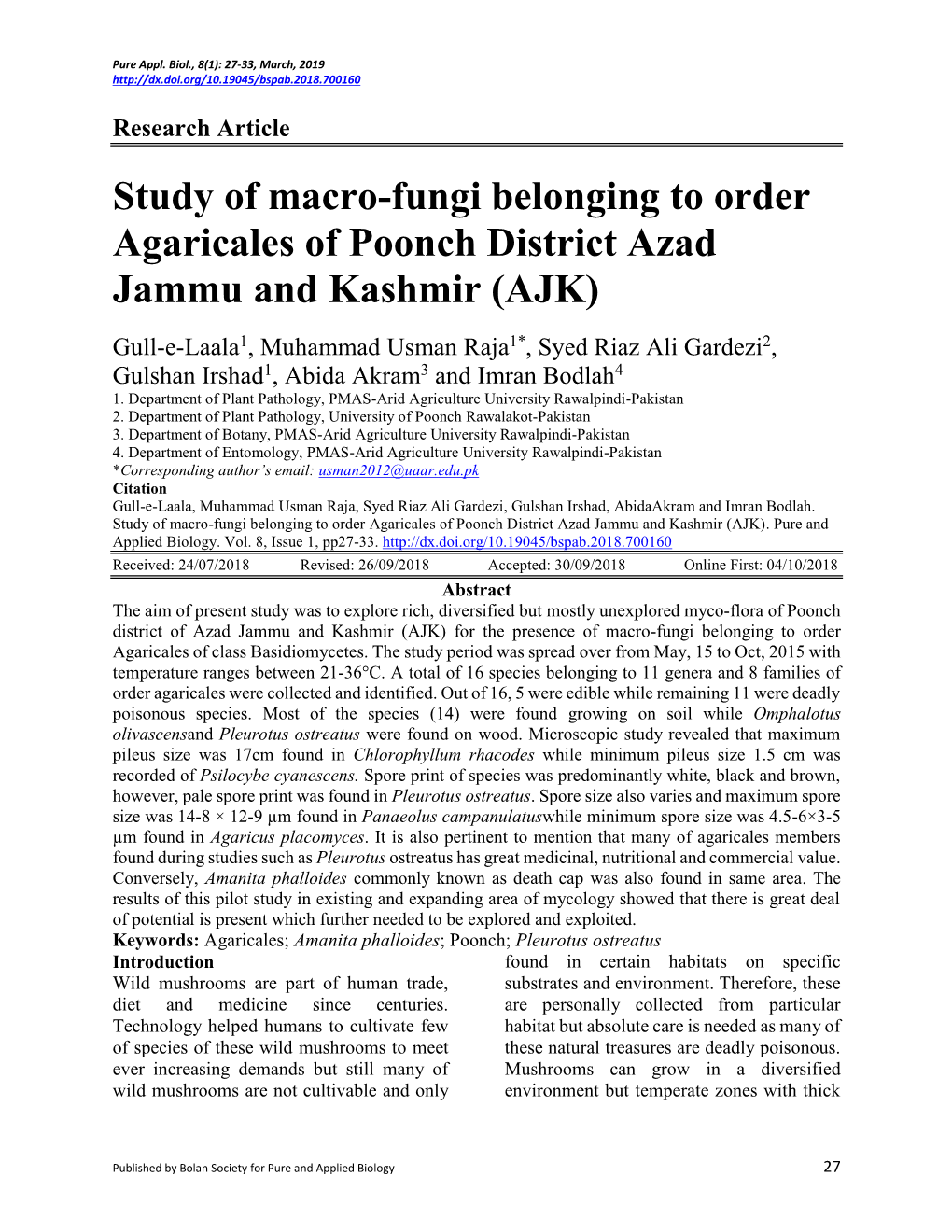Study of Macro-Fungi Belonging to Order Agaricales of Poonch District Azad Jammu and Kashmir (AJK)