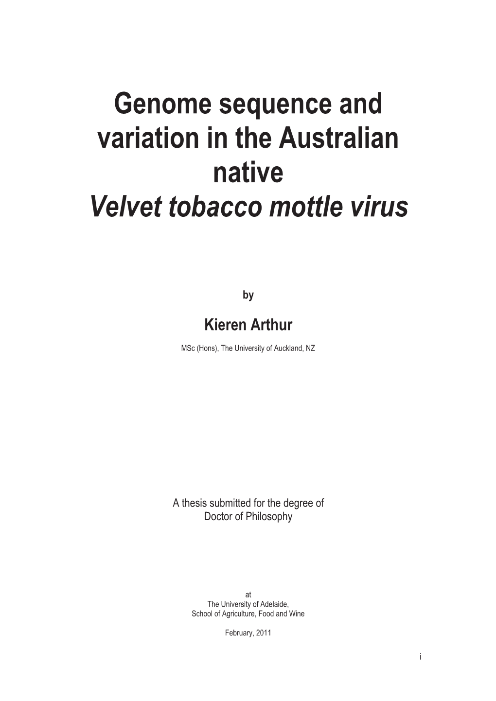 Genome Sequence and Variation in the Australian Native Velvet Tobacco Mottle Virus