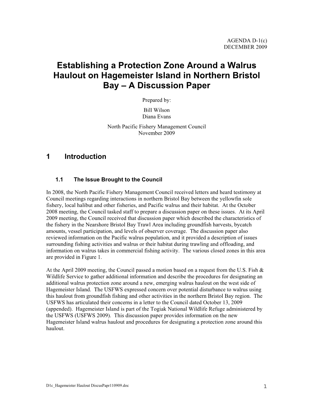 Establishing a Protection Zone Around a Walrus Haulout on Hagemeister Island in Northern Bristol Bay – a Discussion Paper