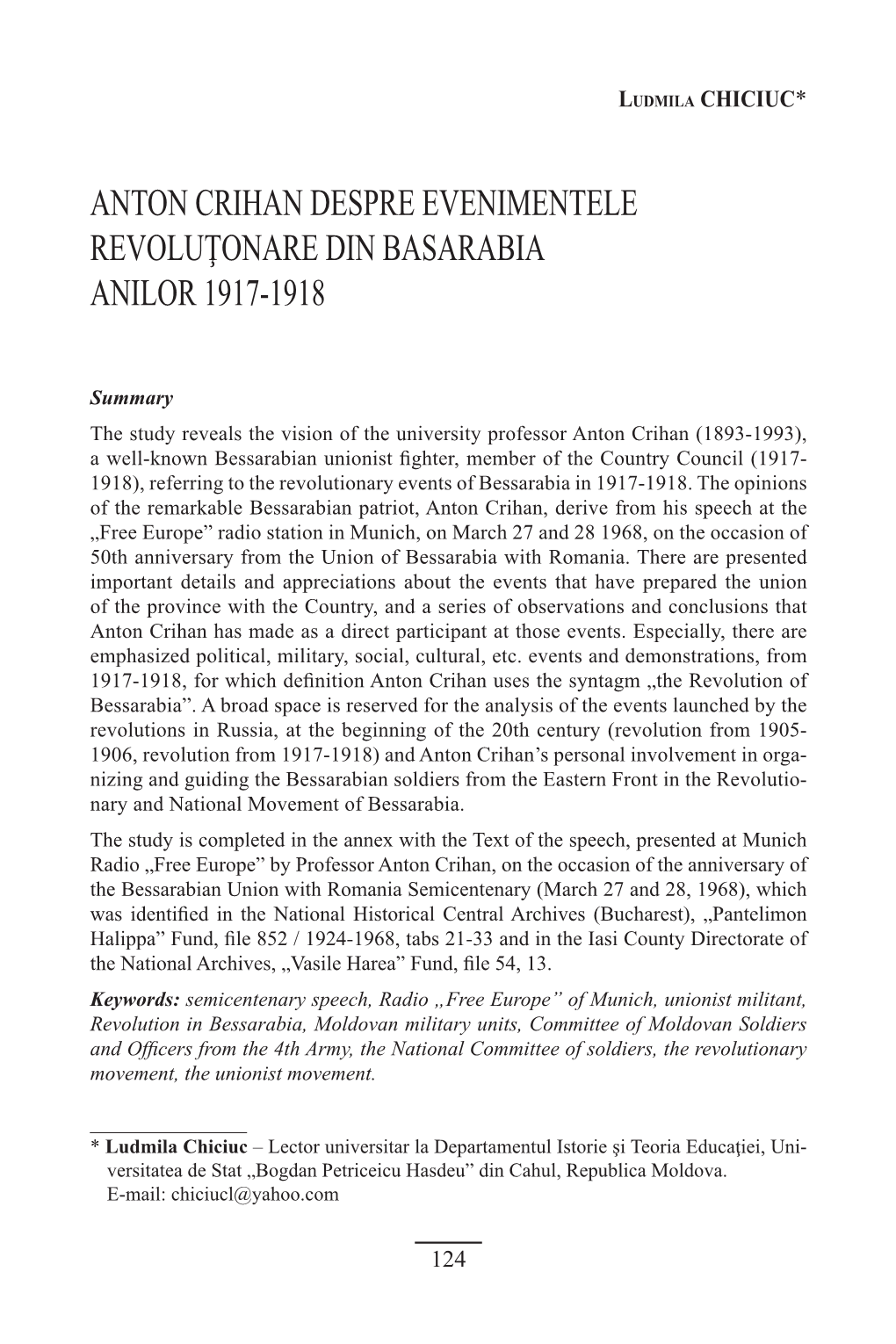 Anton Crihan Despre Evenimentele Revoluţonare Din Basarabia Anilor 1917-1918